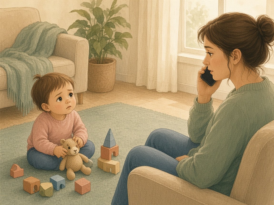 Родитель с телефоном у окна, спокойный дневной свет